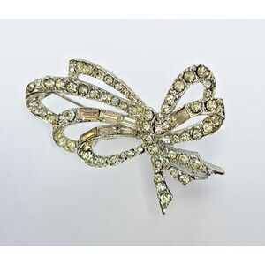 Beautiful Vintage Rhinestone Bow Brooch Pin Crystal Silver Tone 2"